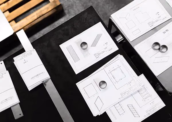 Piani architettonici bianchi con anelli e righelli su tavolo nero, in ambiente lavorativo di progettazione.